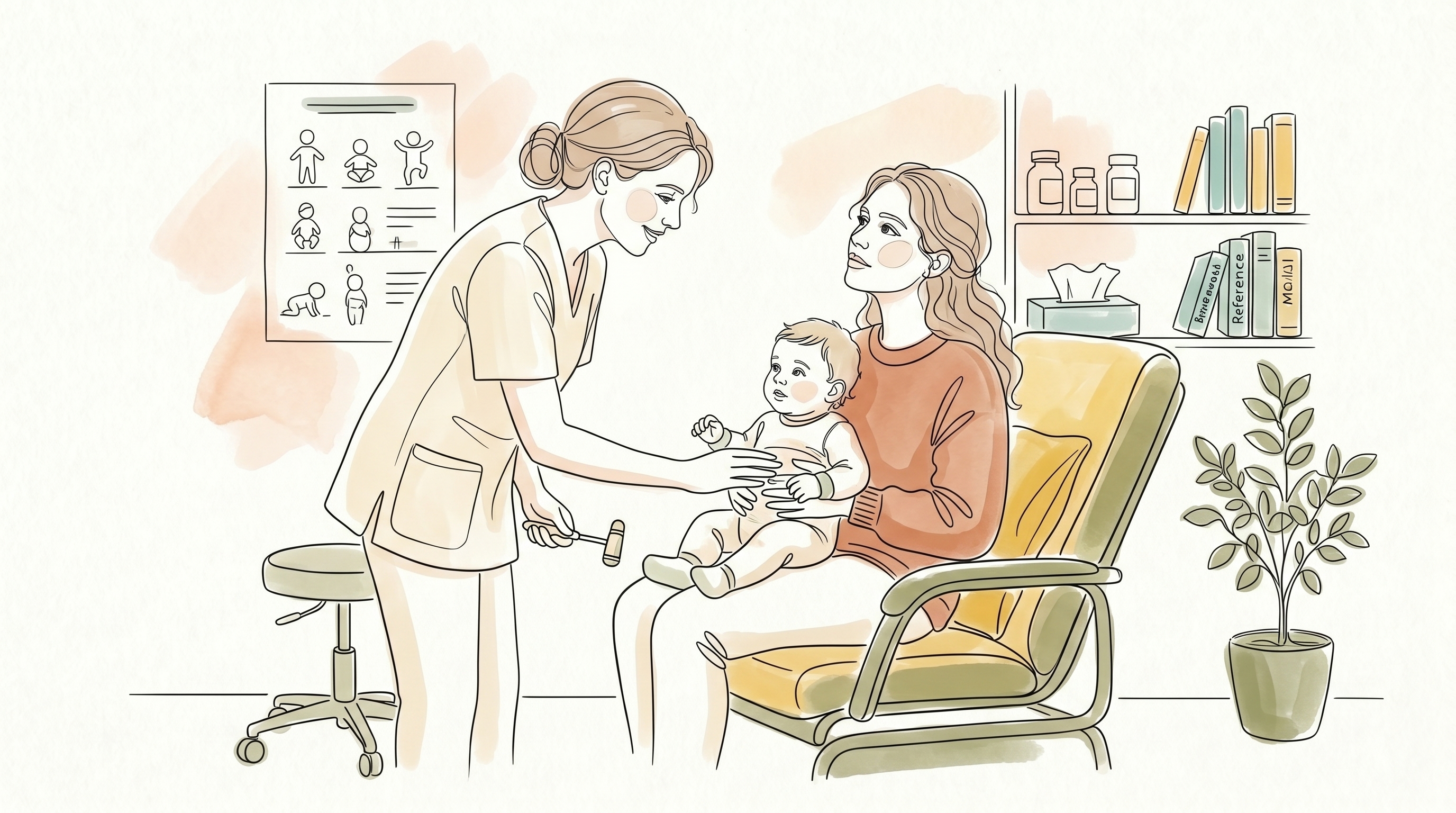 Pediatrician examining infant with parent